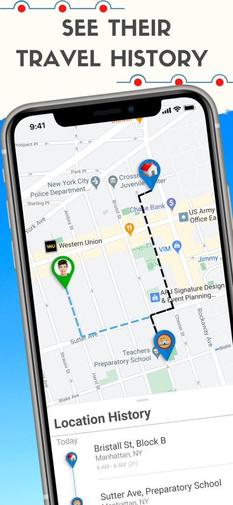 Find my Friends app screen displaying location history and travel routes on a city map.