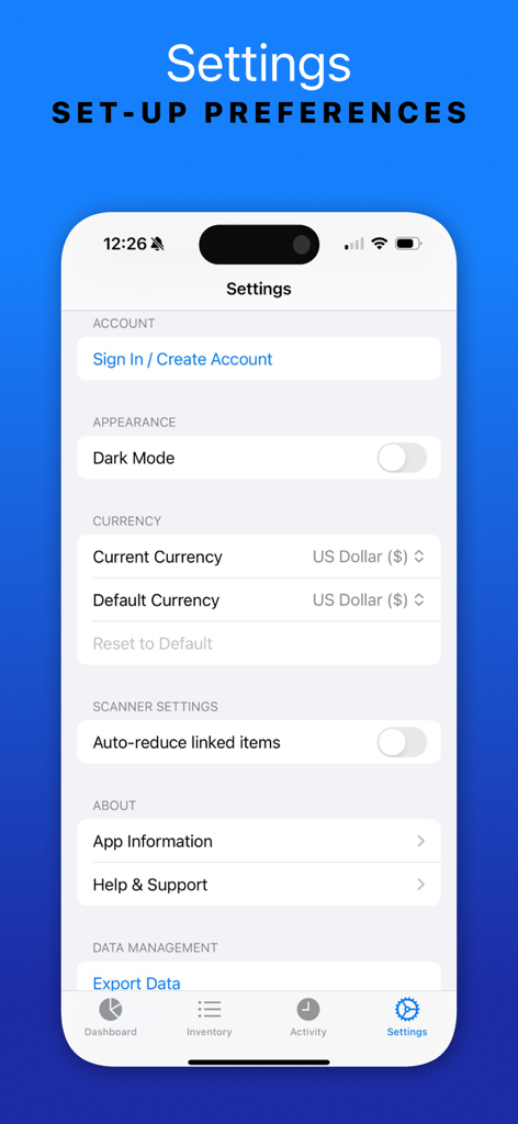 Settings screen of the Easy Inventory Tracker app showing account management, dark mode toggle, and currency preferences.