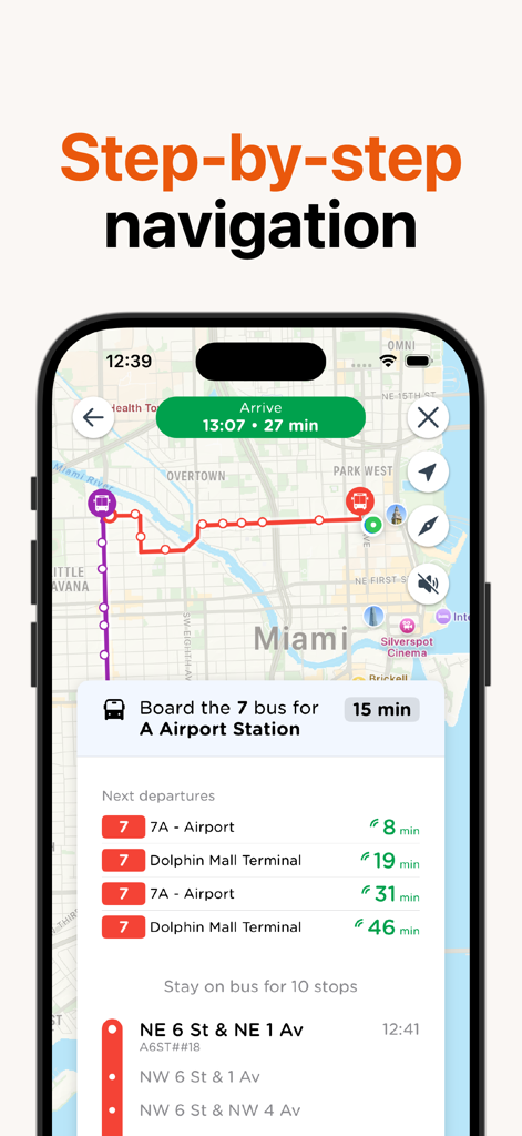 Step-by-step transit navigation interface showing a map route and bus arrival times.