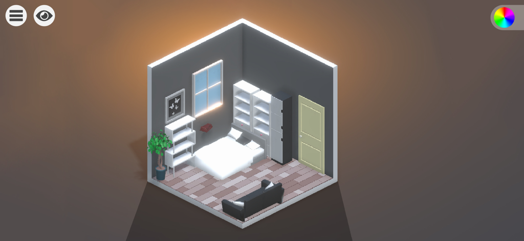 Design Dream Room - Isometric 3D view of a minimalist white and grey bedroom design with a bed and bookshelves