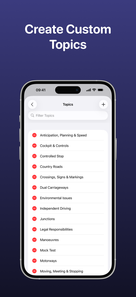 Una pantalla móvil que muestra una lista de temas de lecciones de conducción personalizables como Controles de Cabina y Examen Simulacro en la aplicación Instructor.