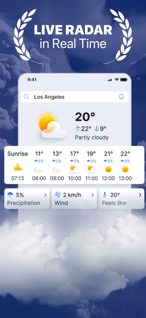 Local Weather Radar - SkyNow - Pantalla de inicio de la aplicación SkyNow mostrando radar meteorológico en vivo y temperatura local para Los Ángeles