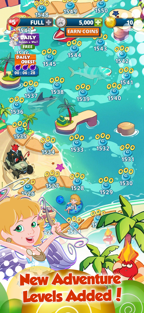 Slingo Adventure - A colorful tropical game map in Slingo Adventure showing level progression and a banner announcing new adventure levels added.