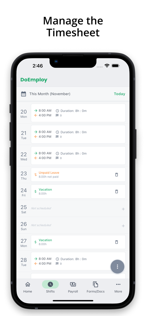 DoEmploy: Payroll & Attendance - Smartphone display showing the DoEmploy app timesheet management screen with work shifts and vacation logs