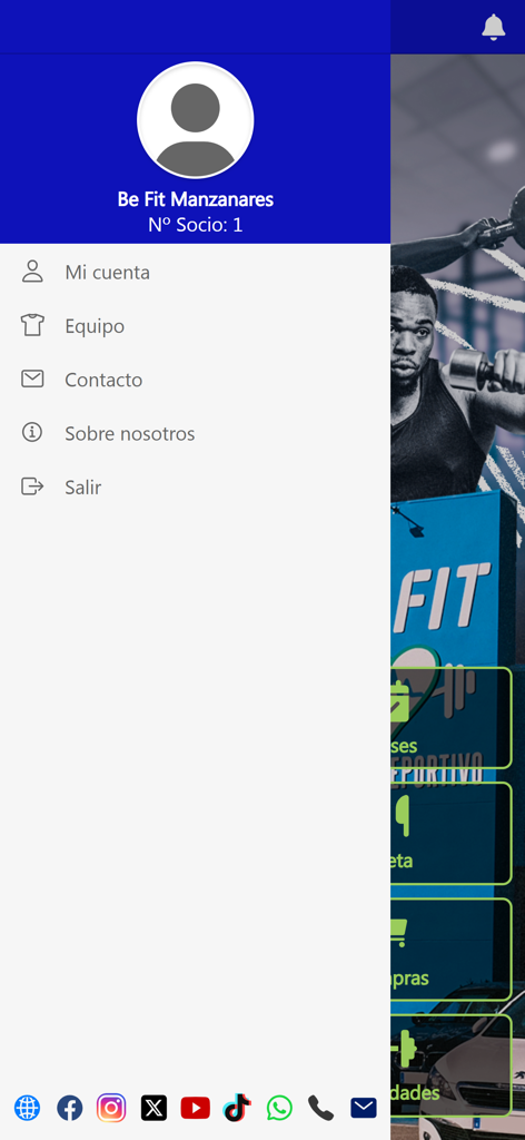 BE FIT CENTRO DEPORTIVO - Menú de navegación del usuario de la app BE FIT mostrando la configuración de la cuenta y los enlaces a redes sociales