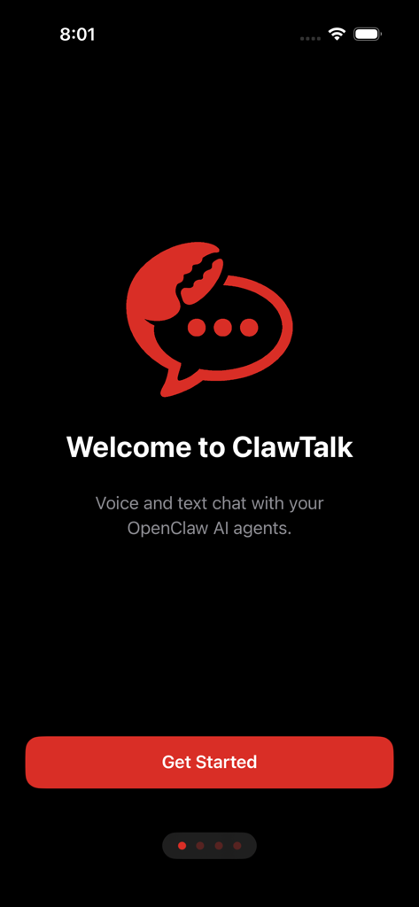 ClawTalk welcome screen featuring a red claw chat icon and a get started button