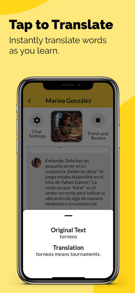 Amigo Lingo: Speak Spanish - Pantalla de la aplicación Amigo Lingo que muestra la traducción instantánea de palabras en español durante una conversación de IA