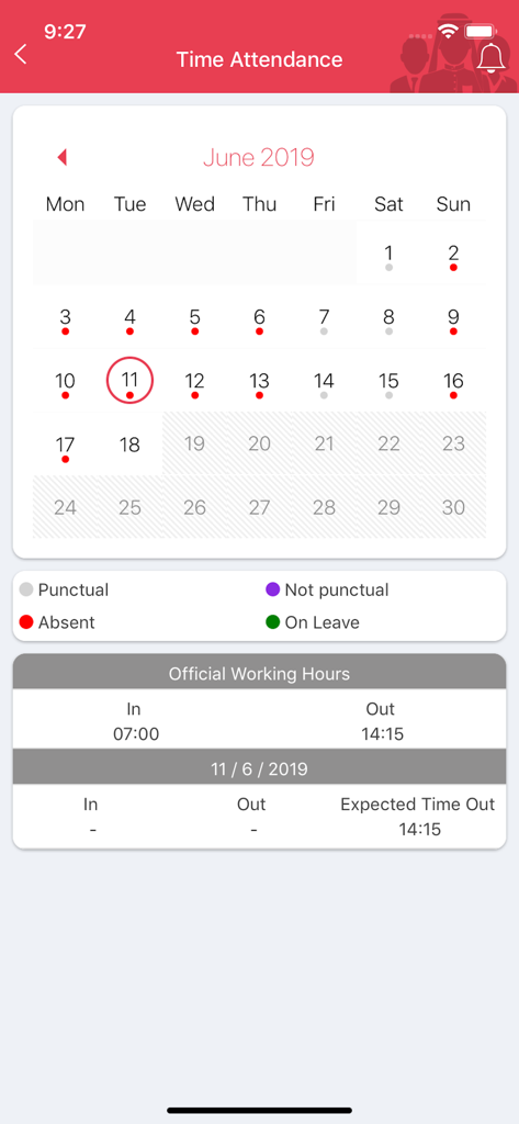Captura de pantalla de la aplicación GovEmployee que muestra el calendario de asistencia con horas de trabajo y leyenda de estado.