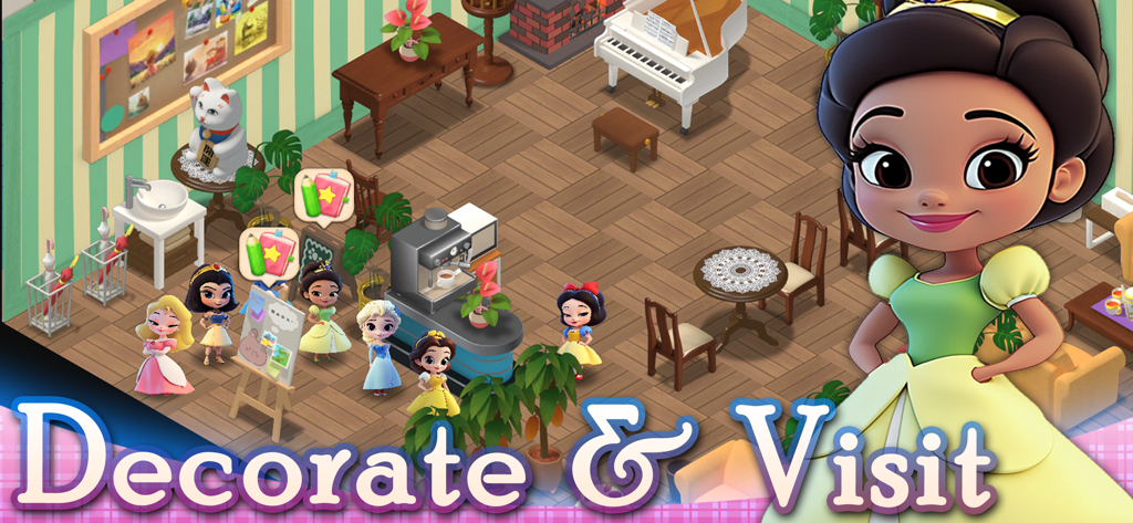 Merge Isle: Magic Princess - A group of cute princess characters in a beautifully decorated room with a piano, cafe furniture, and plants