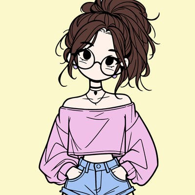girl with a messy ponytail glasses a baggy crop top and jean shorts