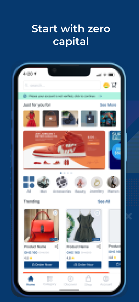 Tendo - Reseller Platform - Tendo app home screen showing wholesale products and zero capital startup message