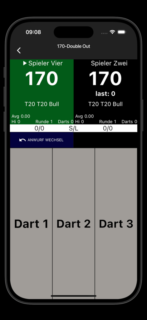 My Dart Training (Premium) - Darts scoreboard interface for a 170-Double Out game in the My Dart Training app