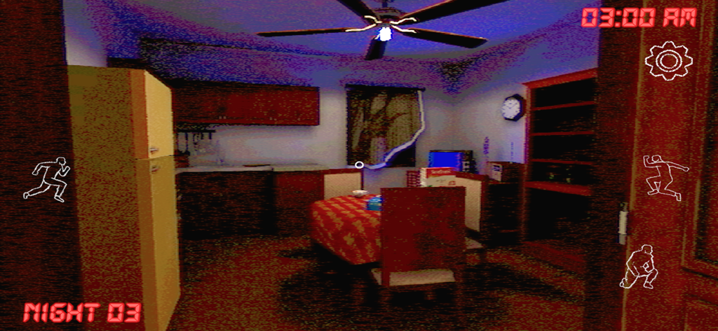 Uma captura de tela de jogabilidade em primeira pessoa do Jogo de Terror Analógico Obelisco mostrando uma cozinha com estética VHS de baixa fidelidade às 3 da manhã da Noite 3.