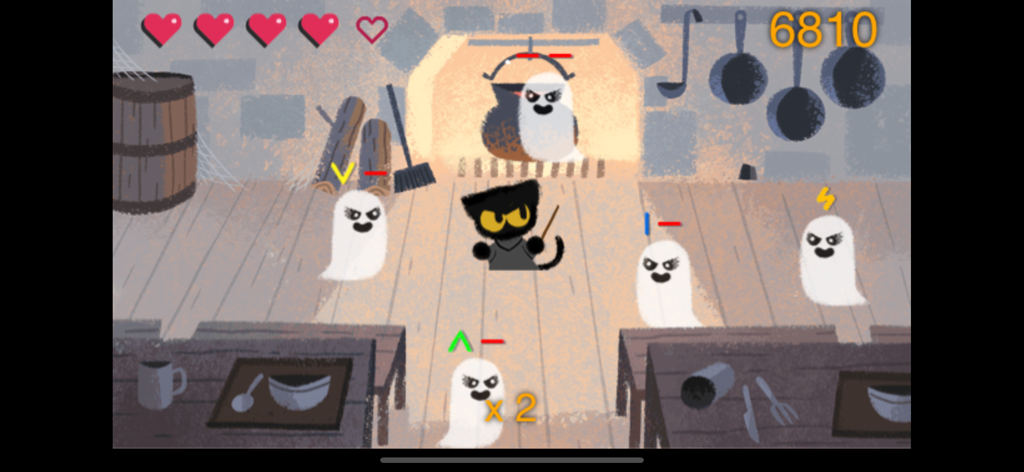 Doodle Halloween - Ghost Game - Un gato negro con una varita mágica luchando contra fantasmas en un juego de Halloween estilo doodle.