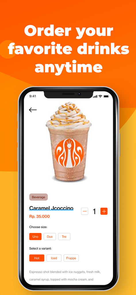 Schermata di uno smartphone che mostra la pagina di ordinazione delle bevande dell'app J.CO per una bevanda Caramel Jcoccino