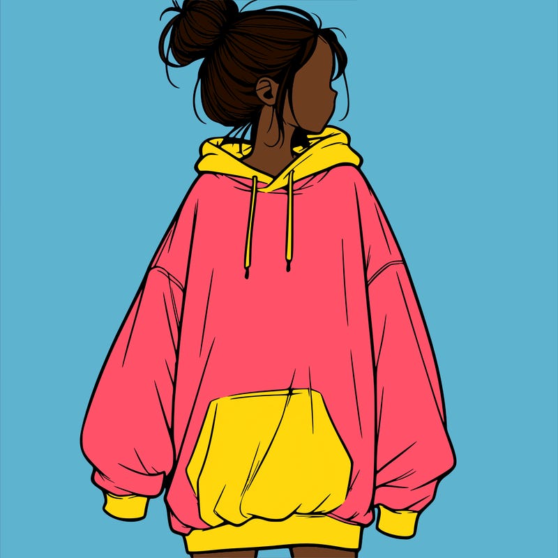 realistic girl with a oversized sweatshirt on and a bun
