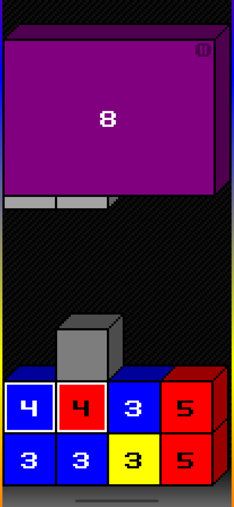 Columber - Una captura de pantalla del juego de Columber que muestra un bloque objetivo morado con el número ocho y múltiples bloques de números de colores debajo para que el usuario resuelva.