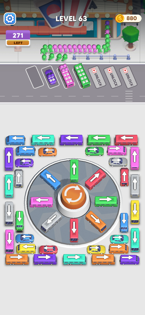 Bus Crazy: Jam Escape - Gameplay of Bus Crazy Jam Escape showing colorful buses in a parking jam layout