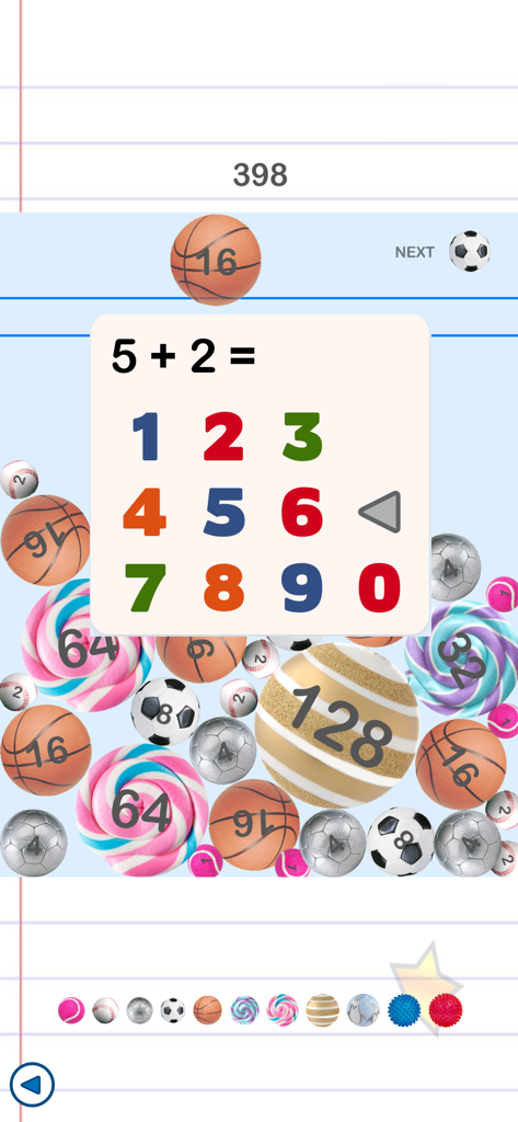 Math games for kids. - A colorful addition game for kids with a number keypad and floating numbered balls