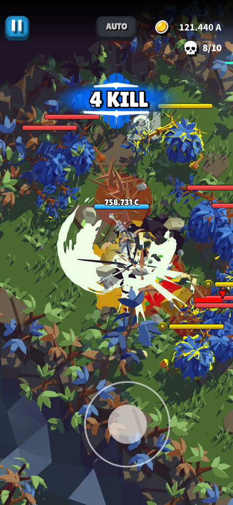 Top down gameplay of Dungeon of Gods showing a hero performing a 4 kill combo in a forest environment