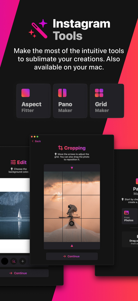 Overview of Instagram tools including Grid Maker and Pano Maker with a photo cropping interface.