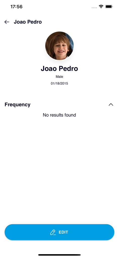 Child profile screen in the My Kids Family app showing the name, gender, and date of birth of a registered child