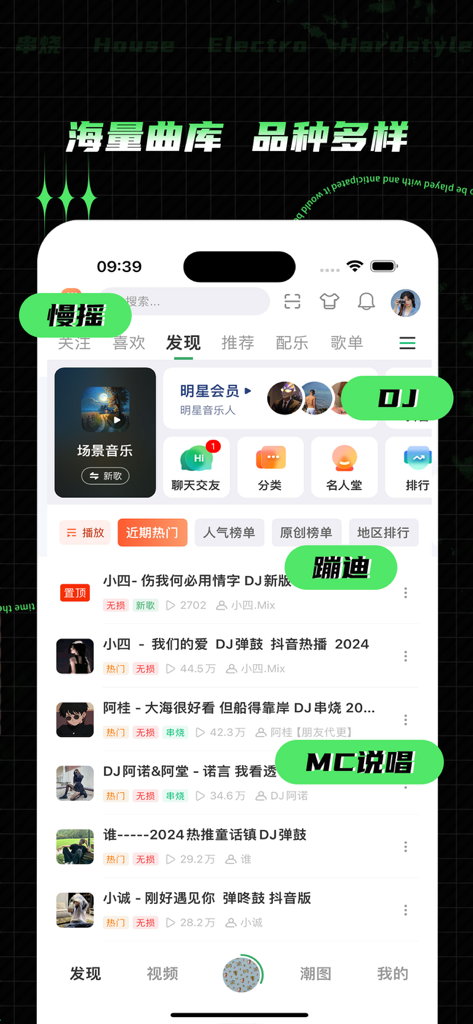 Y2002电音-DJ电音音乐播放器 - Y2002 Electronic Music app discovery screen showing trending DJ tracks and music categories in Simplified Chinese
