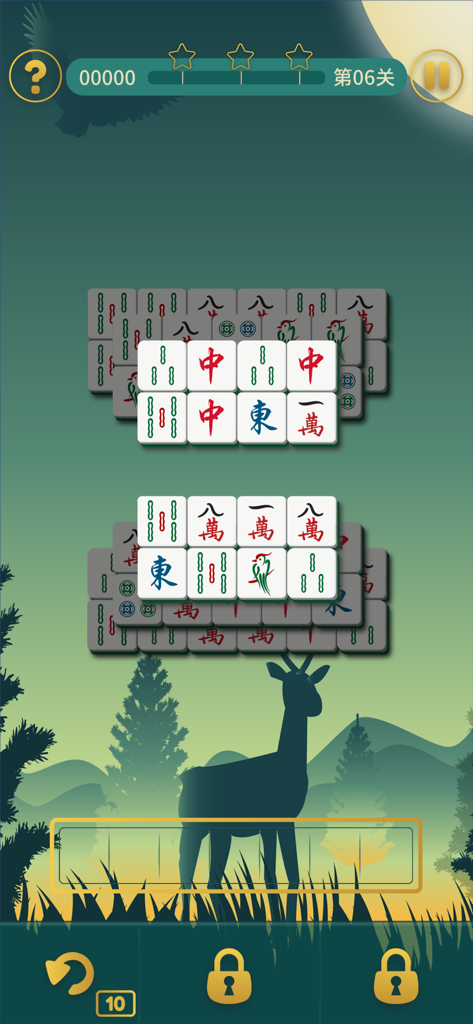 A Mahjong Craft gameplay screen showing tile layers on a relaxing forest background with a deer silhouette in portrait mode