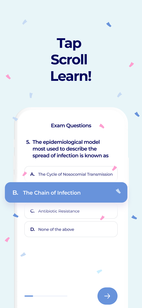New York Infection Control CE - A mobile app screenshot showing an exam question about the chain of infection for the New York Infection Control CE course.