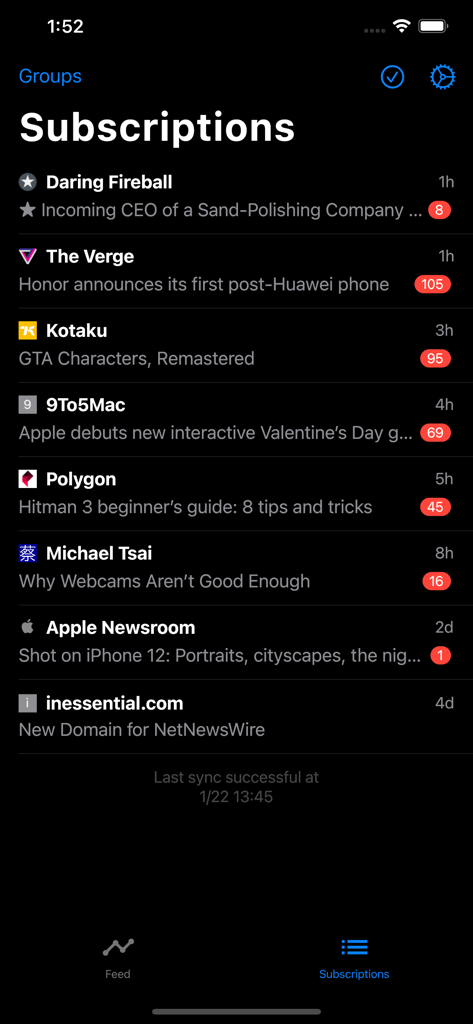 The subscriptions tab of Fluent Reader Lite in dark mode displaying a list of news sources and their unread article counts.