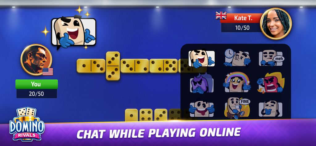 Domino Rivals online multiplayer match showing interactive sticker chat and golden tiles