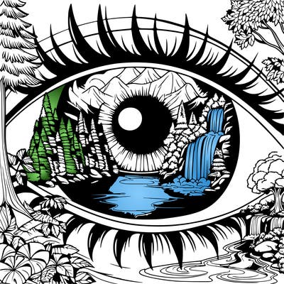 realistic eye reflecting a beautifull water fall and enchanted forrest