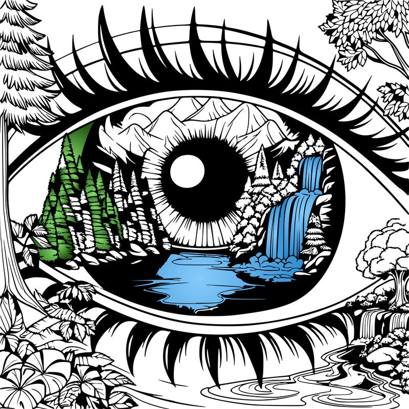 realistic eye reflecting a beautifull water fall and enchanted forrest