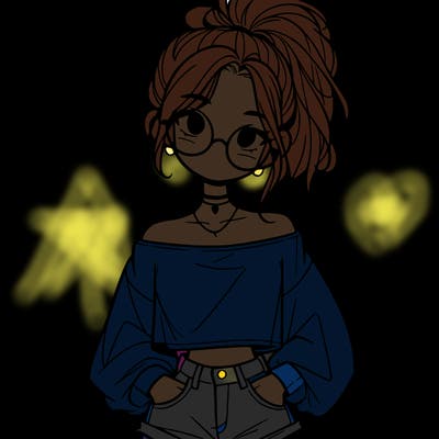 girl with a messy ponytail glasses a baggy crop top and jean shorts