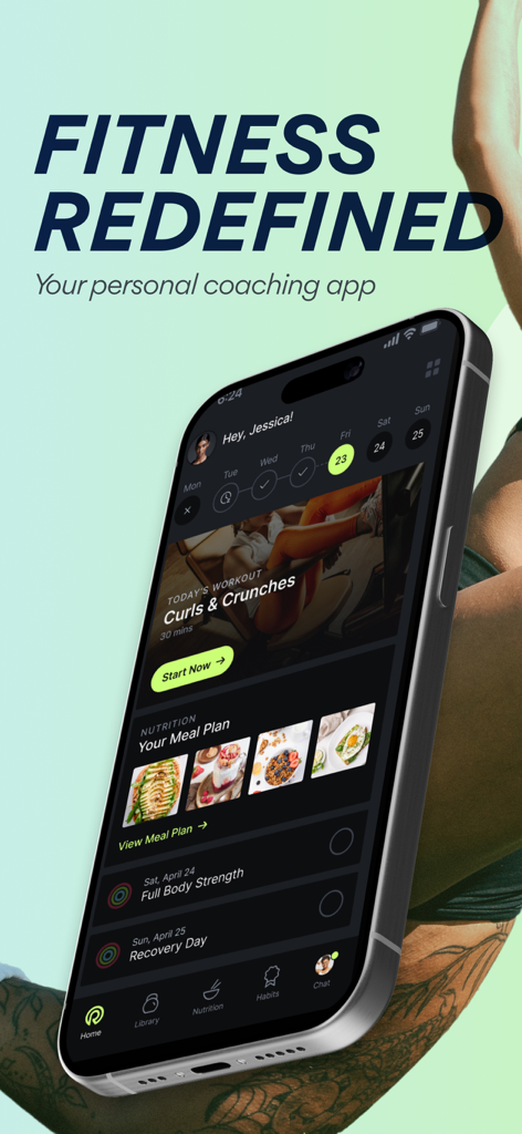 Avida: 1-on-1 Fitness Coach - Tela de smartphone mostrando o painel do aplicativo de coaching pessoal Avida com agenda de treinos diários, plano de refeições e interface de coaching de fitness personalizado.
