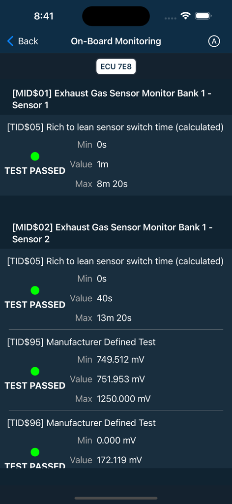 Car Mate app display showing successful on-board monitoring test results for vehicle exhaust gas sensors