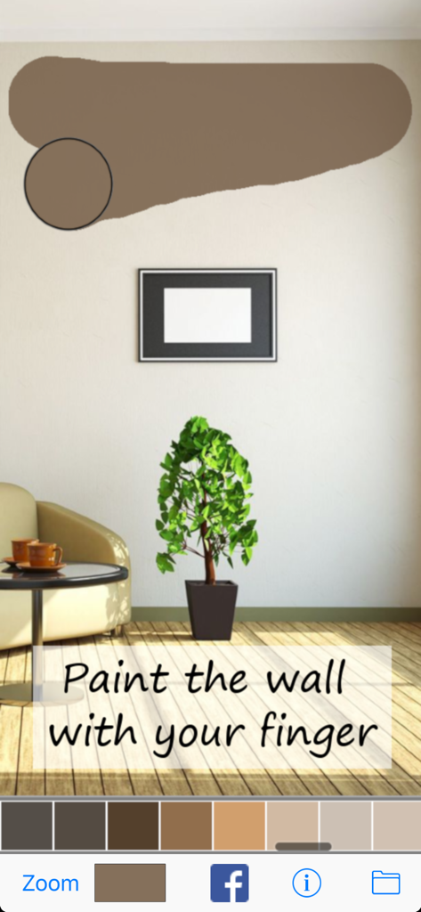 Paint My Wall Pro - Room Paint - User interface of the Paint My Wall Pro app showing a living room wall being painted brown virtually with a finger
