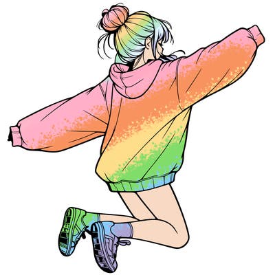 realistic girl jumping with a bun and oversized sweatshirt