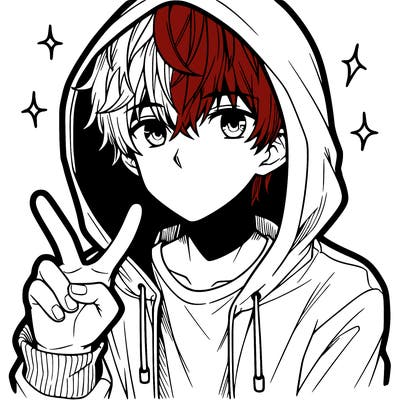 teenage manga boy in a hoodie, doing ✌
