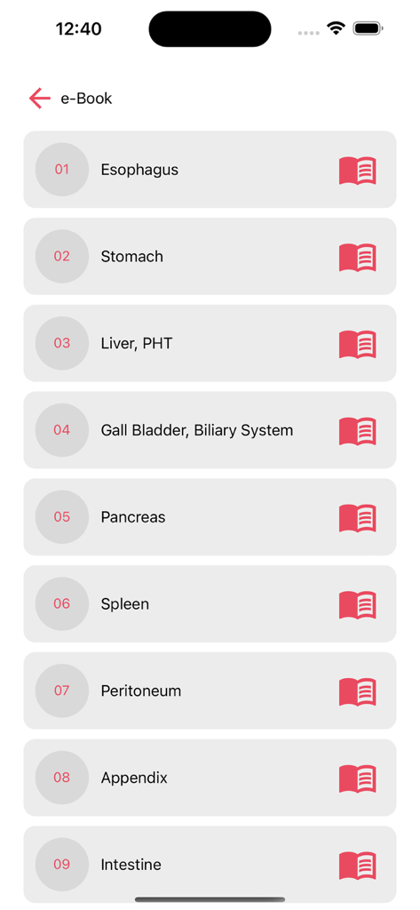 DR-MATARY - A screen showing a list of surgical medicine chapters in the DR-MATARY app e-book section