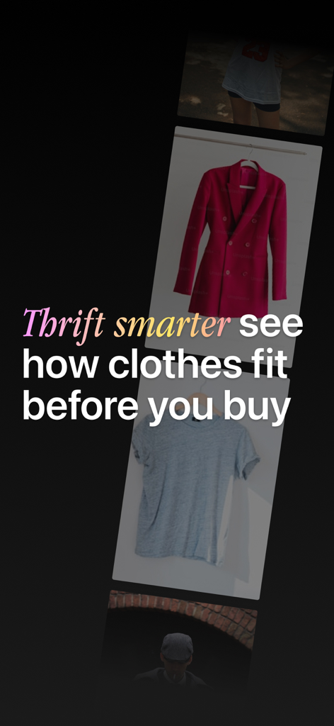 様々な衣料品の画像の上に「賢く古着を探そう 購入前に服のフィット感を確認しよう」というテキストが表示されたファッションAIのプロモーション画面。