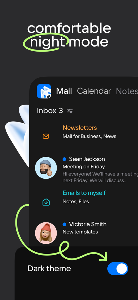 Email app interface showing comfortable night mode with dark theme enabled