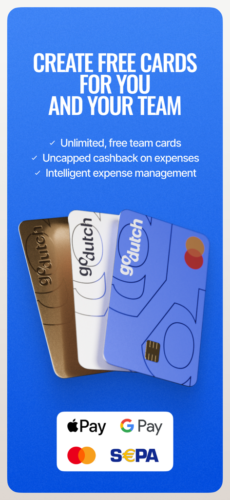 GoDutch Smart Business Account - Three GoDutch business cards with text about free team cards and uncapped cashback