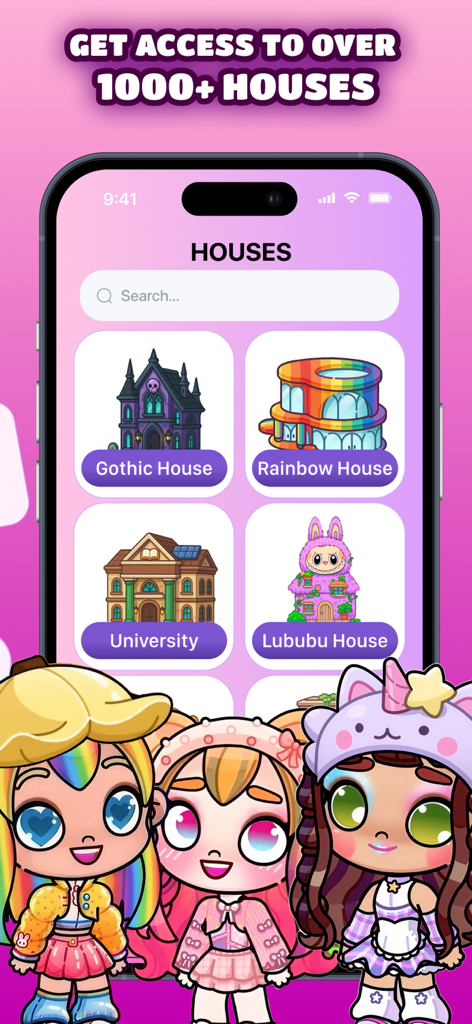 Aesthetic Avatar World Mods - Smartphone screen displaying different house design categories and characters from the Aesthetic Avatar World Mods app