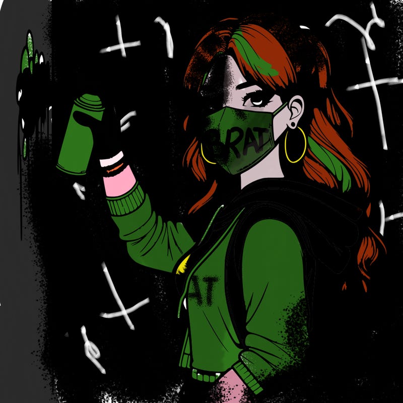 realistic girl with mask spray painting a wall