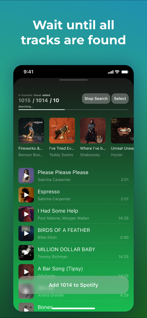 Screenshot of Transfer Music app showing progress as it finds songs to transfer to a Spotify account