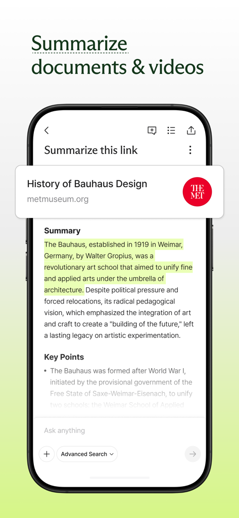 Liner AI app showing a summary of a web article about Bauhaus design with key highlights and points