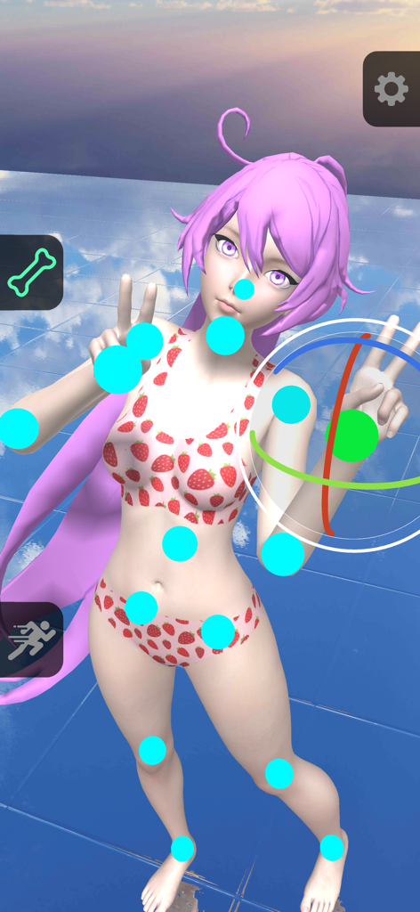 Pro Poser 3D Model Poses - Una modelo anime 3D con cabello rosa y bikini de fresa mostrando controles de huesos para poses personalizadas