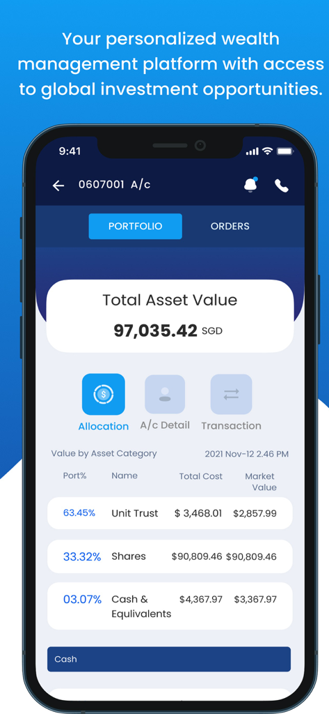 Phillip MyWealth - Dashboard of the Phillip MyWealth app showing total asset value and asset allocation by category