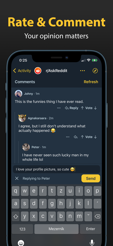 Sigma: Your Feeds United - A mobile interface of the Sigma app showing a social comment thread on a Reddit post with a keyboard for user replies.